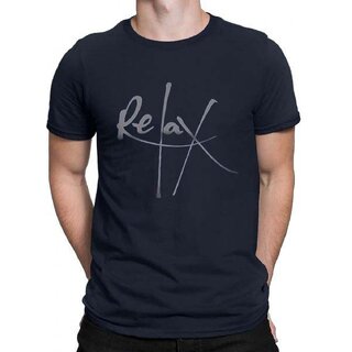                       HIT SQUARE Navy Blue Pure Cotton Round Neck Printed For Men                                              