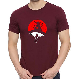                       HIT SQUARE Itachi_Uchiha logo Maroon Pure Cotton Round Neck Printed For Men                                              