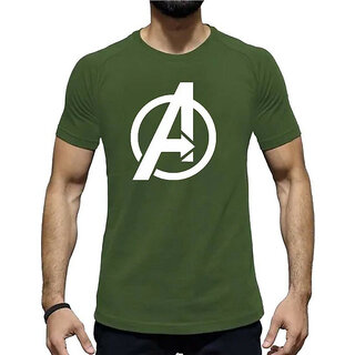                       HIT SQUARE Avengers logo Olive Pure Cotton Round Neck Printed For Men                                              