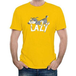                       HIT SQUARE Yellow Pure Cotton Round Neck Printed For Men                                              
