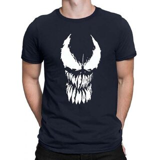                       HIT SQUARE Navy Blue Pure Cotton Round Neck Printed For Men                                              