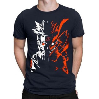                       HIT SQUARE Navy Blue Pure Cotton Round Neck Printed For Men                                              