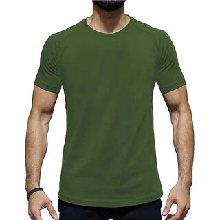                       HIT SQUARE Olive Pure Cotton Round Neck Plan For Men                                              