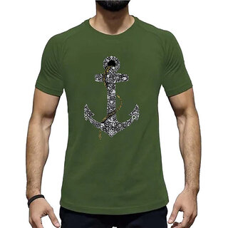                       HIT SQUARE Olive Pure Cotton Round Neck Printed For Men                                              