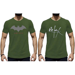                       HIT SQUARE Olive Pure Cotton Round Neck Printed For Men (Pack of 2)                                              