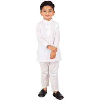                       Kid Kupboard Cotton Boys Kurta and Pajama Set, White, Full-Sleeves, 5-6 Years KIDS5294                                              