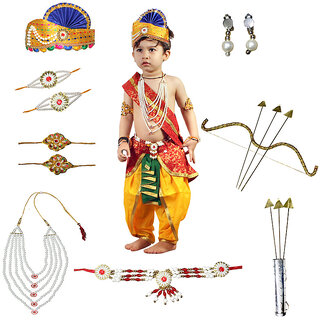                       Ram Costume for Boys (Red Dhoti, Patka, Mukut, Mala, Earrings, Dhanush & teer)                                              