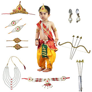                       Ram Costume for Boys (Red Dhoti, Patka, Mukut, Mala, Earrings, Dhanush  teer)                                              