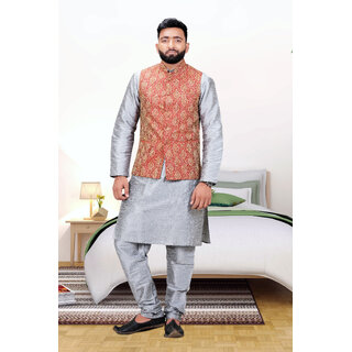 Ochex Men's Silk Blend Kurta Pajama with Designer Ethnic Nehru Jacket/Modi Jacket