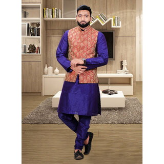                      Ochex Men's Silk Blend Kurta Pajama with Designer Ethnic Nehru Jacket/Modi Jacket                                              