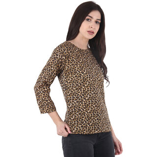                       eDESIRE Women Crepe Fabric 3/4 Sleeve Leopard Animal Tiger Printed Regular Fit Tshirt Top                                              