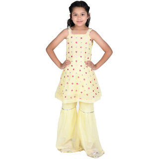 Kid Kupboard Cotton Girls Kurti and Plazzo Set, Yellow, Sleeveless, 8-9 Years KIDS5338