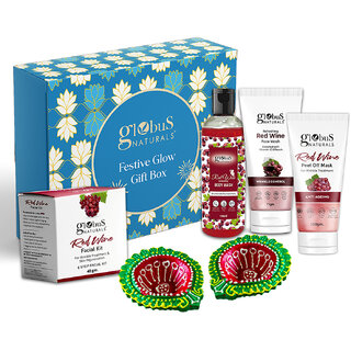                       Globus Naturals Red Wine Diwali Glow Gift Box Set of 4 - Face Wash 75 gm, Peel Off Mask 100 gm, Facial Kit 40 gm & Body Wash 100 gm                                              