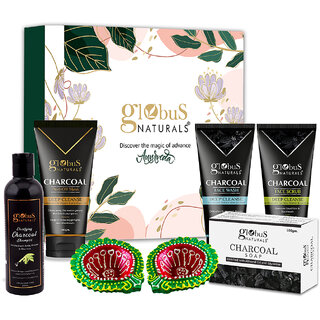                       Globus Naturals Charcoal Diwali Glow Gift Box, Set of 5 -Face wash 100 gm, Face Scrub 100 gm, Peel Off Mask 100 gm, Charcoal Shampoo 200 ml & Soap 100 gm                                              