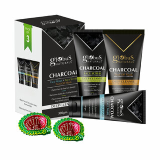                       Globus Naturals Diwali Glow Charcoal Trio Kit Set of 3 -Face Wash 100 gm, Face Scrub 100 gm, Peel-off Mask 100 gm                                              
