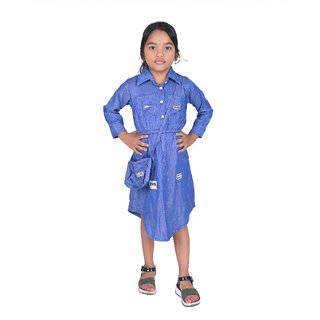                       Kid Kupboard Cotton Girls A-Line Dress, Blue, Full-Sleeves, Collared Neck, 7-8 Years KIDS5363                                              