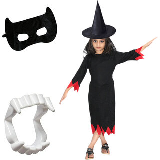                       Kaku Fancy Dresses Halloween Scary Witch Costume With Hat, Teeth  Face Mask For Kids                                              