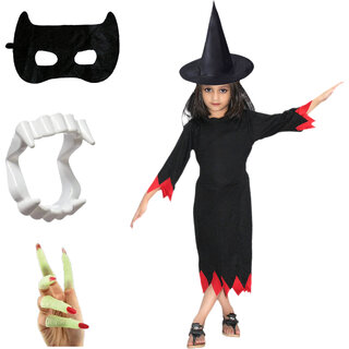                       Kaku Fancy Dresses Halloween Witch Costume With Hat, Teeth, Face Mask  Long Nails For Kids                                              