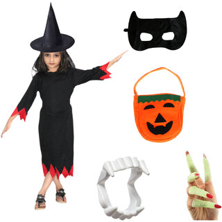                       Kaku Fancy Dresses Halloween Witch Costume With Hat, Teeth, Mask, Nails  Pumpkin Bag For Kids                                              