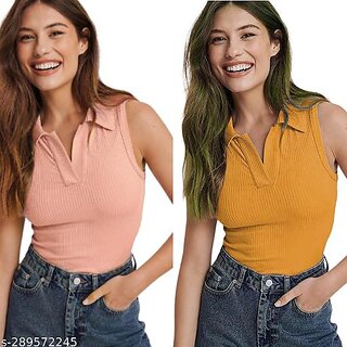                       Trendy Women Sleeveless Peach  Mustard Collar Tops  Tunics                                              