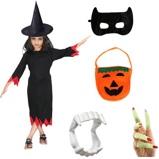                       Kaku Fancy Dresses Halloween Witch Costume With Hat, Teeth, Mask, Nails & Pumpkin Bag For Kids                                              