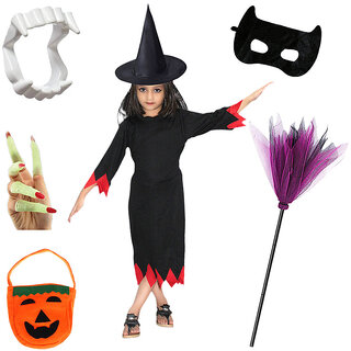                       Kaku Fancy Dresses Halloween Witch Costume With Hat, Teeth, Mask, Nails, Pumpkin Bag & Witch Broom For Kids                                              