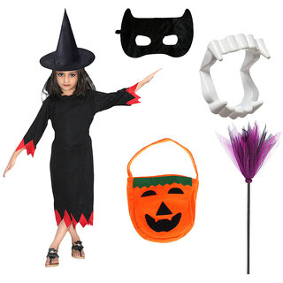                       Kaku Fancy Dresses Spooky Witch Costume With Hat, Teeth, Mask, Witch Broom & Pumpkin Bag Set For Kids                                              
