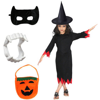                       Kaku Fancy Dresses Spooky Halloween Witch Costume With Hat, Teeth, Mask & Pumpkin Bag Set For Kids                                              