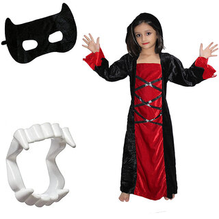                       Kaku Fancy Dresses Scary Halloween Cosplay Red Black Witch Costume Gown With Teeth & Mask Set for Kids                                              