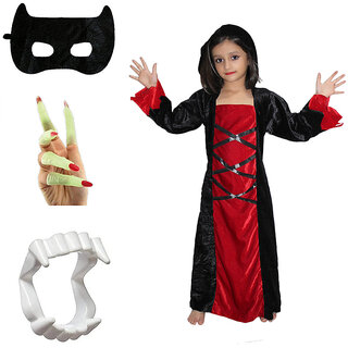                       Kaku Fancy Dresses Scary Halloween Cosplay Red Black Witch Costume Gown With Teeth, Mask & Nail Set for Kids                                              