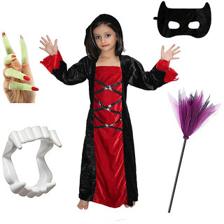                      Kaku Fancy Dresses Halloween Party Red Black Witch Costume Gown With Teeth, Mask, Nail & Witch Broom Set for Kids                                              