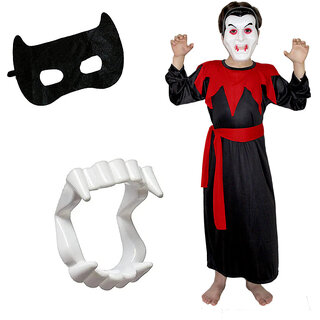                       Kaku Fancy Dresses Red & Black Dracula Costume With Vampire Teeth & Face Mask For Kids Halloween Costume Party                                              