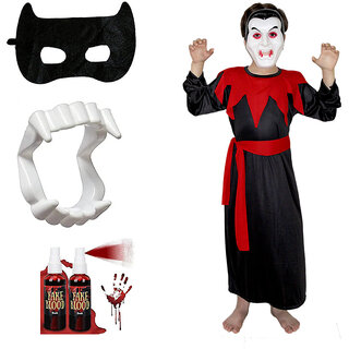                       Kaku Fancy Dresses Scary Dracula Costume With Vampire Teeth, Face Mask & Fake Blood For Kids Halloween Costume Party                                              