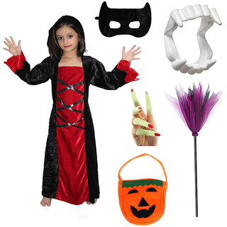                       Kaku Fancy Dresses Halloween Witch Costume Gown With Teeth, Mask, Nail & Witch Broom & Pumpkin Bag Set for Kids                                              