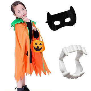                       Kaku Fancy Dresses Pumpkin Robe Cape with Black Eyepatch & Devil Teeth for Halloween Costume for Kids - 3-4 Years                                              