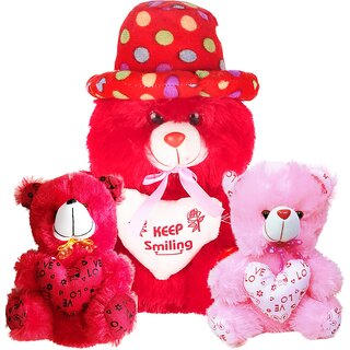                       RED Teddy Bear Cap Style Heart (12Inch) with Red 2 Mini (6inch)Teddy Set of 3 - 12 inch  (Red)                                              