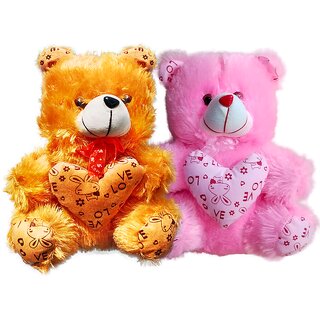                       Soft Brown,Pink Teddy Bear with Heart (13Inch)  Setof2                                              