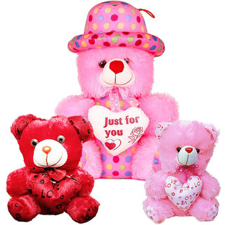                       Soft Pink Teddy Bear Cap Style with Heart (12Inch) and Red,Pink (6inch) Teddy Setof3                                              