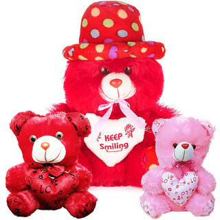                       Soft Red Teddy Bear Cap Style with Heart (12Inch) and Red,Pink (6inch) Teddy Setof3                                              