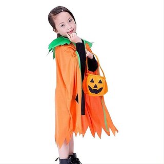                       Kaku Fancy Dresses Pumpkin Dress Robe Cape with Pumpkin Shape Candy Basket for Halloween Costume for Kids - Orange                                              