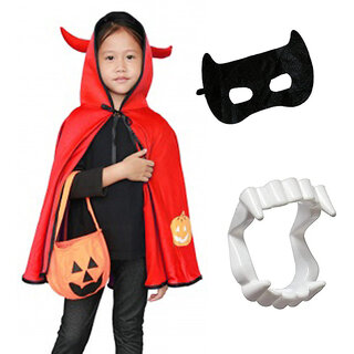                       Kaku Fancy Dresses Red Robe Hooded Cape with Teeth & Black Eyepatch for Halloween Costume For Kids                                              