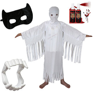                       Kaku Fancy Dresses Spooky White Ghost Dress For Kids With Vampire Teeth, Face Mask,  Fake Blood, Halloween Costume                                              