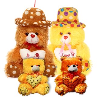                       Soft Yellow,Brown Teddy Bear Cap Style with Heart (12Inch) and Yellow,Brown(6inch) Teddy Setof4                                              