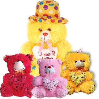                       Soft Yellow Teddy Bear Cap Style with Heart (12Inch) and Yellow,Pink,Red(6inch) Teddy Setof4                                              