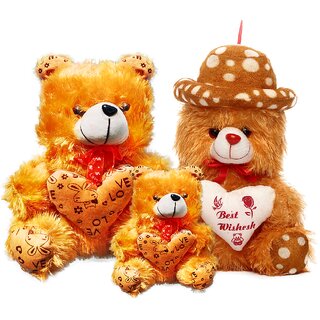                      Soft Brown Teddy Bear Cap Style with Heart (13Inch) and Brown mini (6inch) Teddy Setof3                                              