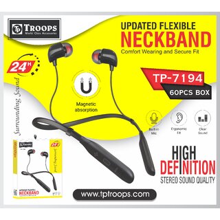                       TP TROOPS In-Ear Bluetooth Magnetic Earbuds 5.0 Neckband with Mic, Hi-Fi Stereo Sound Neckband,24Hrs Playtime.                                              