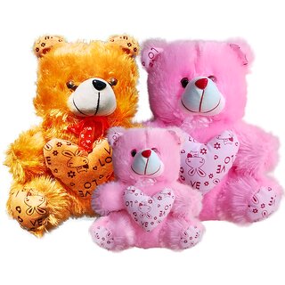                       Soft Brown,Pink Teddy Bear with Heart (13Inch) and Pink mini (6inch) Teddy Setof3                                              