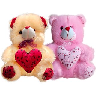                       Soft Cream and Pink Teddy Bear with Heart (13Inch) Setof2                                              