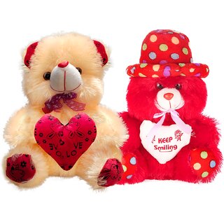                       Cream and Red Teddy Bear Cap Style with Heart (13Inch) Setof2                                              