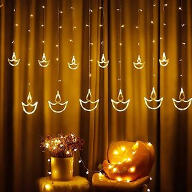 Warm White Diya/Diwali Light Curtain, Led String Lights with Pack of 12 Hanging Diyas, 8 Flashing Modes, Decoration, Prong Base